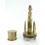 Trench Art lamp base together with shell case box dated 1916, 36cm.