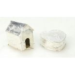 Silver coloured metal Continental miniature DOG KENNEL together with heart shaped pill box.