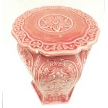 Victorian Minton Majolica garden seat in pink glaze impressed mark on base strap work decoration