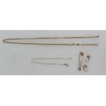 9ct gold chains, earrings and brooch (steel pin). 15.2g gross.