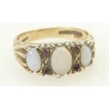 9ct gold ladies thre stone opal ring, size P, 3.
