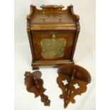 Edwardian Oak Coal scuttle with brass panel and handle and two oak wall sconces (3)