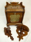 Edwardian Oak Coal scuttle with brass panel and handle and two oak wall sconces (3)