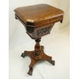 Victorian rosewood centre pedestal sewing box on stand, with largely fitted interior.