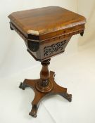Victorian rosewood centre pedestal sewing box on stand, with largely fitted interior.