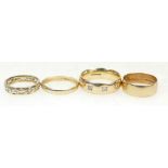 4 x 9ct Gold rings - large band set 3 white stones size T, Band N 7mm,