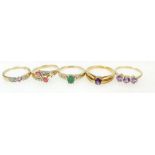 5 x 9ct Gold rings - All size N - Amethyst 3 stone, Amethyst heart shape, pink stone,