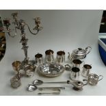 Large quantity of silver plated items including large candelabra (a/f) mugs, tea pots, tureen etc.