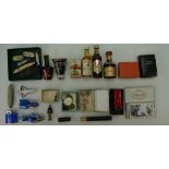 A good job lot containing old whisky and other miniatures, lead soldier figure,