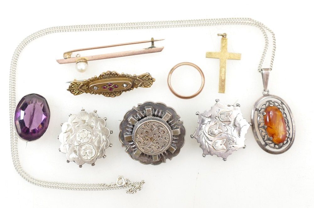 9ct Victorian Brooch, three silver brooches, silver brooch and pendant with chain,