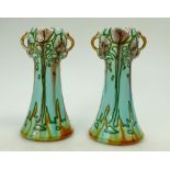 Pair of Minton Secessionist Vases. 18cm high. Crack to neck of one vase.