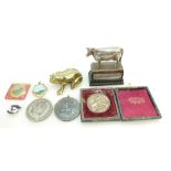 A collection of items relating to Dairy Shorthorn cattle including silver model of of Dairy