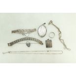 A collection of silver jewellery including gate bracelets, chains, locket etc,