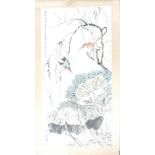 A large Japanese scroll with hand painted birds in natural floral surroundings, signed.