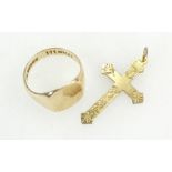 9ct Gold Crucifix & chain and 9ct gents signet ring size R, 7.