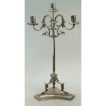 Early 20th century silver plated ornate three branch candelabra,