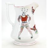 19th century Elsmore & Forster puzzle jug decorated with Jesters and cock fighting scenes,