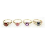 4 x 9ct Gold rings - Hematite & white stone size P, Cherry & white Topaz N,