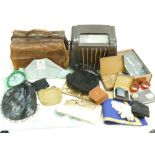 Tray containing Mullard Bakelite Radio, Masonic regalia, beadwork purses, lighter, clock,