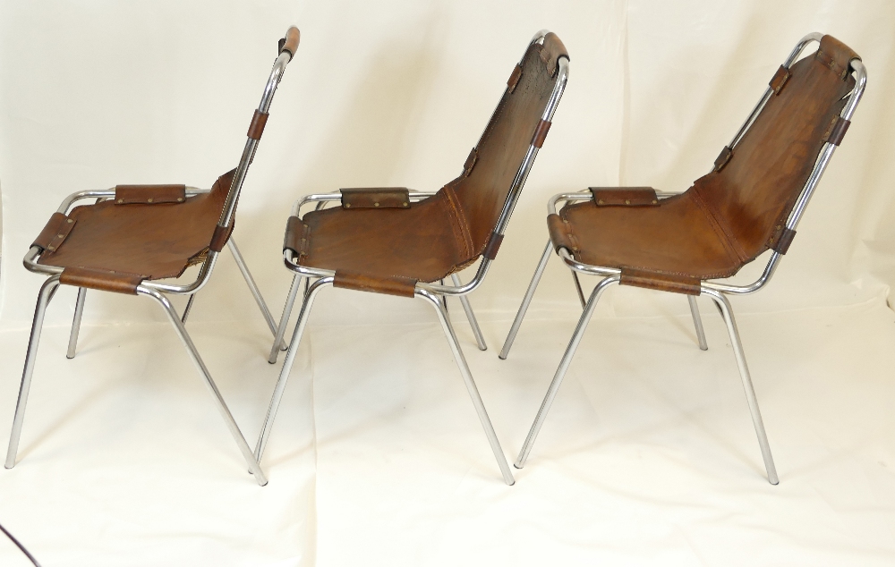 Set of 6 leather and chrome stacking chairs "Les Arcs" by Charlotte Perriand 1960s (6) - Image 3 of 6