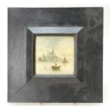 19th century continental square tile handpainted with scenes of Venice and Gondolier,