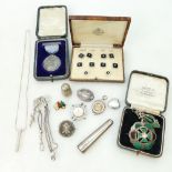 Group of silver jewellery - fobs/medals for cycling & fishing, thimbles, cigarette holder,