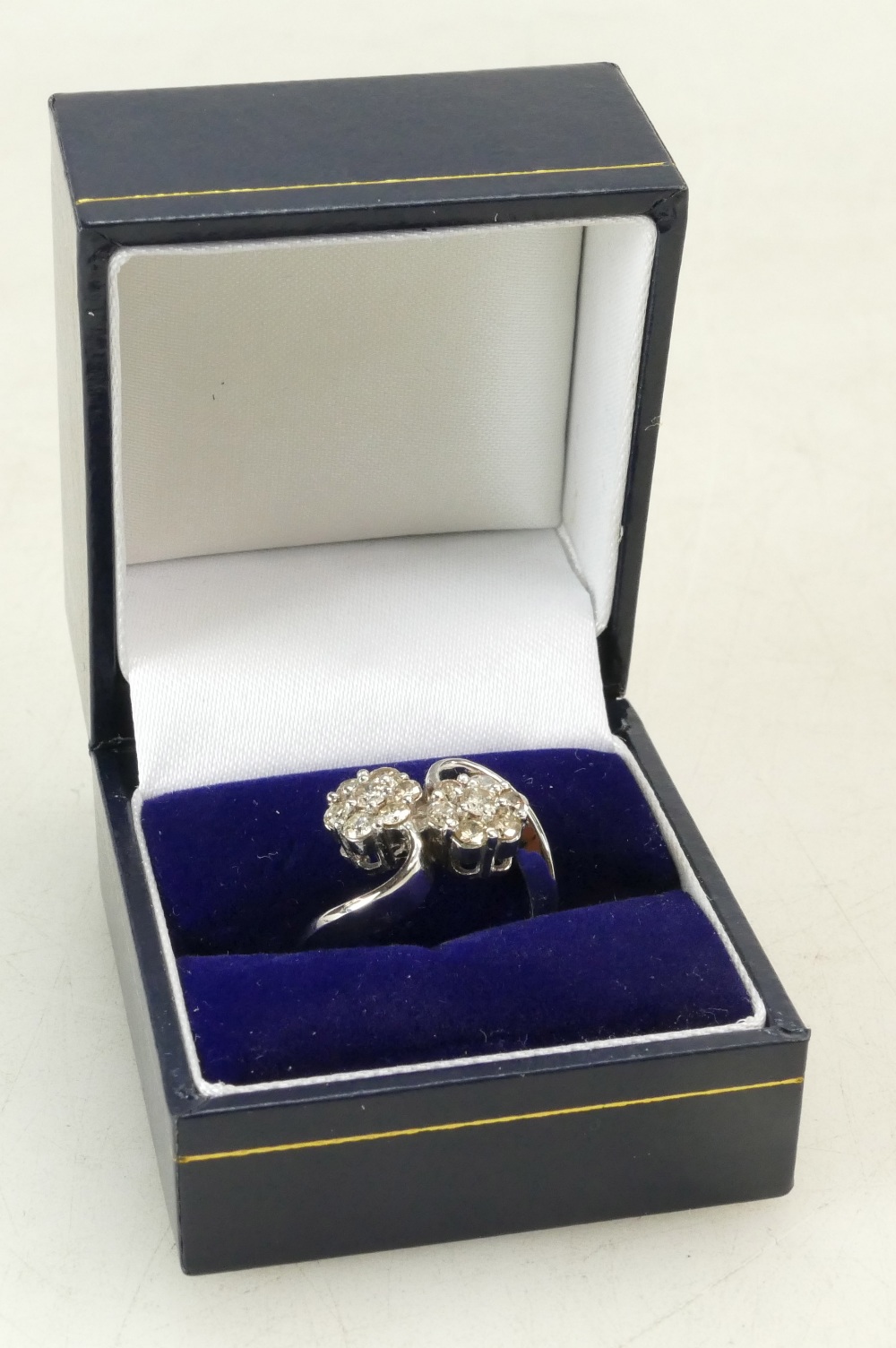 18ct White gold ladies diamond Crossover ring, each round set containing 7 diamonds, size K,