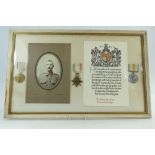 WWI medals trio group, framed - Pte Arthur John Hulme, Worcestershire Regt.