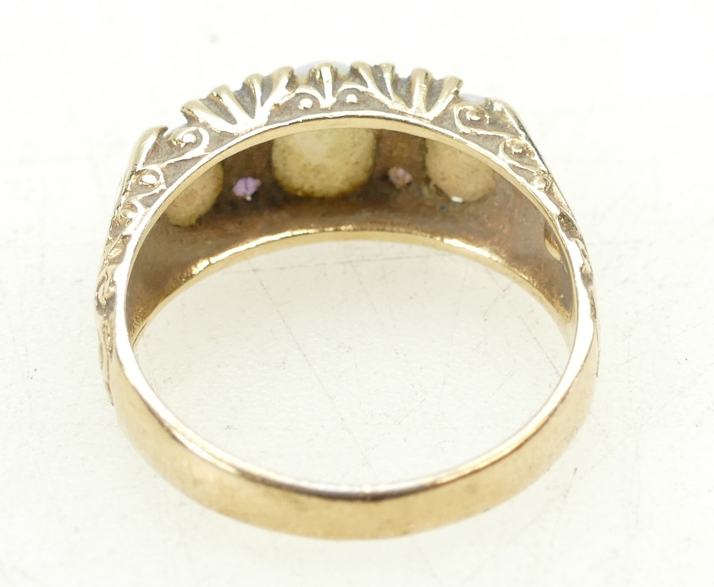9ct gold ladies thre stone opal ring, size P, 3. - Bild 3 aus 3
