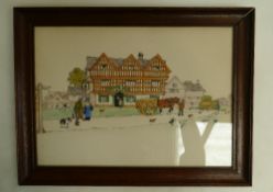 Oak framed CECIL ALDIN coloured print - Rural scene at the Bell Inn 28cm x 39.5cm.
