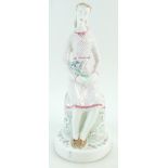 Wedgwood Queensware figure of a seated woman holding bouquet of flowers, unmarked,