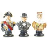 Michael Sutty hand painted sculpture busts of Winston Churchill, Lord Nelson and Lawrence of Arabia,