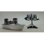 A chrome Crusader aeroplane cruet set and a chrome three piece boat cruet set (2)