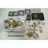 A collection of various items including jewellery, rings, Silver buckle ring and spoon,