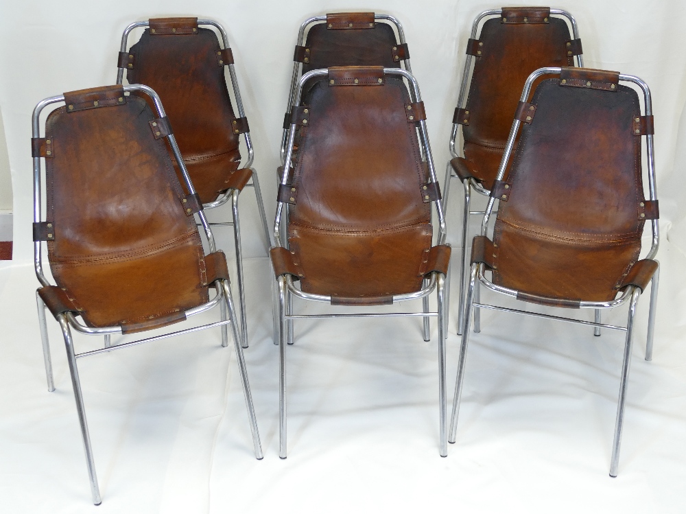 Set of 6 leather and chrome stacking chairs "Les Arcs" by Charlotte Perriand 1960s (6)