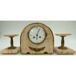 Art Deco marble mantle clock together with pair matching candle stands,