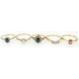 5 x 9ct Gold rings - 4 x size N, last item size K - Orange Sapphire, Aquamarine, 3 stone,