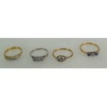 Four diamond rings - platinum and three diamond ring, 9ct and platinum three stone ring,