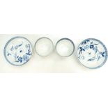 Two 18th century Worcester porcelain tea bowls and saucers, 1 bowl with reglued 2 part section,