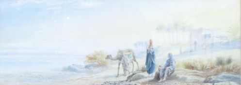 19th century watercolour of middle eastern figural and camel scene in desert landscape.