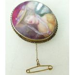 9ct Rose Gold oval brooch mounted with pottery portrait of a lady in bonnet signed by Leslie