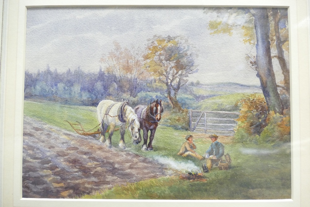 M Clowes, watercolour painting of farmer with two horses down a country lane, - Image 2 of 3