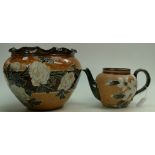 Royal Doulton Lambeth stoneware Jardiniere with crinkled edge and decorated with flowers,