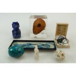 A collection of items including a Jade necklace, Ancient Byzantine oil lamp,