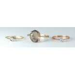 Three 9ct gold rings - Cairngorm / smokey quartz size U, single white stone ring,