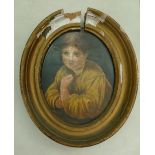 A Mintons oval tile painted with a lady in yellow shirt in damaged gilt frame,