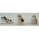 Royal Crown Derby collectors guild members paperweights Teal Duckling, Owl and Scruff the spaniel,