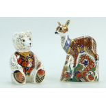 Royal Crown Derby paperweights - Fawn, gold stopper & Teddy silver stopper,