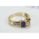 14ct Gold Diamond and Sapphire ladies ring, centre round diamond .50ct, ring size P/Q, 4.