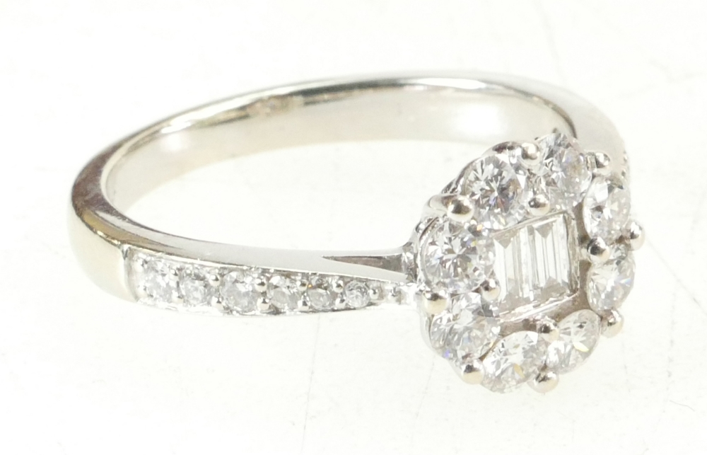 White gold ladies Diamond Cluster ring set with 2 baguette diamonds,